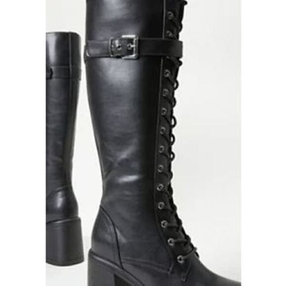 Lace-Up Boot Womens Casual Black Leather Combat Chunky Heel Shoe New - Picture 6 of 7